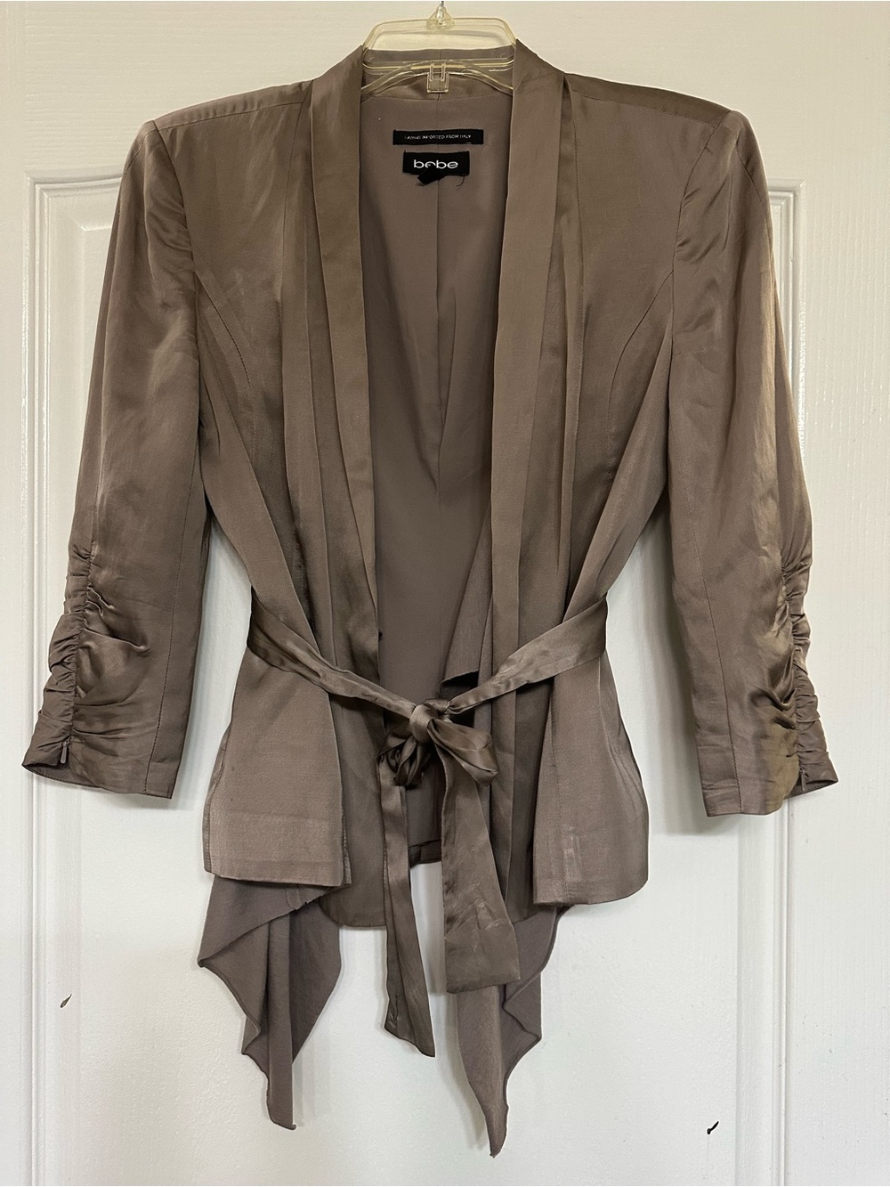 Bebe Satin Blazer Jacket Tie Front Ruched Sleeves Taupe Sz 4 Italian Fabric